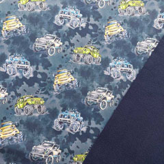 Einzelst�ck 1,2 m Softshell Stoff Jackenstoff Monstertrucks, bunt grau dunkelblau