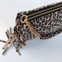 Wildledertasche Leomuster gold Doppelrei�verschluss Goldkette Fransen rechteckig, braun schwarz beige