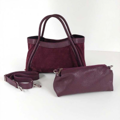 Wildledertasche 2 in 1 Handtasche & T�schchen Ledergriffe-burgundy - Made in Italy