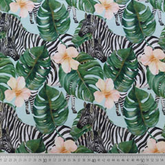 RESTST�CK 97 cm Viskose Jerseystoff Zebras tropische Bl�tter Hibiskusbl�ten, hellmint