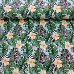 RESTST�CK 97 cm Viskose Jerseystoff Zebras tropische Bl�tter Hibiskusbl�ten, hellmint