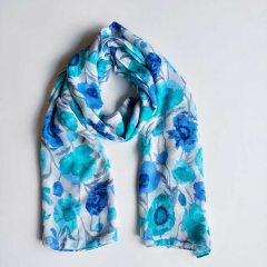 Halstuch Schal Blumen, t�rkis Blaut�ne auf cremeweisss