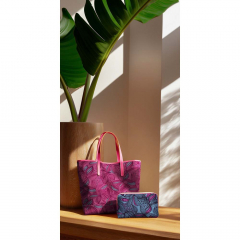 Wasserabweisender Baumwollstoff Dschungel Meterware – beschichtet, Blau Pink