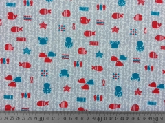 RESTST�CK 43 cm Baumwollstoff Seepferde Fische Wale, rot blau grau