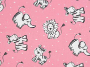 Baumwollstoff Elefanten L�wen Zebras, grau wei� rosa