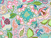 Polyester Satin Stoff Kelchblumen, apricot mintgr�n