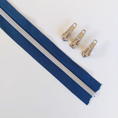 1 m Rei�verschluss metallisiert SILBER 6,5 mm Spirale + 3 Schieber, marine blau