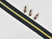 1 m Rei�verschluss metallisiert GOLD 6,5 mm Spirale + 3 Schieber, schwarz