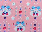 Jerseystoff V�gel Herzchen Erdbeeren, rosa