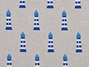 Dekostoff Leinenlook Leuchtt�rme, blau auf natur