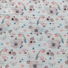 Musselin Stoff Blumen V�gel Double Gauze, altrosa grau cremewei�