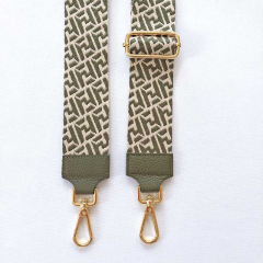 Taschengurt Taschenriemen abstraktes Muster 5 cm breit, ecrue armygr�n, armygr�nes Leder,gold Schnallen
