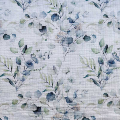 Musselin Stoff Eukalyptusbl�tter Ranken, mint blaugrau weiss