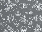 RESTST�CK 137 cm Stenzo Jersey Totenk�pfe Rosen, wei� dunkelgrau