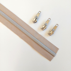 1 m Rei�verschluss metallisiert SILBER 6,5 mm Spirale + 3 Schieber, beige