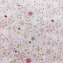 Baumwollstoff Sterne Tannenb�ume Glitzerdruck, hellaltrosa