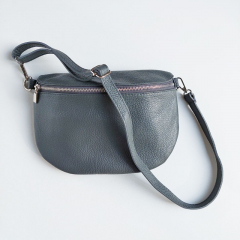 Bauchtasche Leder mit Lederriemen - Dunkelgrau -silber Schnallen-Made in Italy