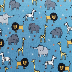 Jerseystoff Zootiere Elefanten L�wen Giraffen, jeansblau