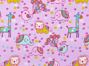 Baumwollstoff Elefanten L�wen Giraffen Bl�mchen, rosa