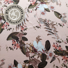 Viskose Satin Stoff Blumen Bl�tter Ranken, armygr�n wei� aprikot- Made in Italy