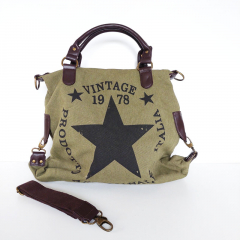 Canvas Tasche Vintage 1978 Stern dunkelbraune Lederimitat-Details, armygr�n