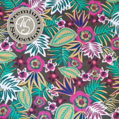 Viskose Stoff Blusenstoff tropische Blumen & Bl�tter Estate in Fiore, beere mint dunkelbraun - Made in Italy