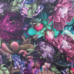 Samtstoff Velourstoff tropische Blumen Bl�tter, beere altrosa lila