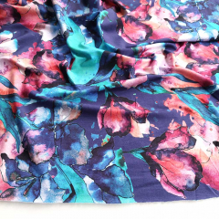 Viskose Jerseystoff Blumen Bl�tter Aquarell Stil, rot mint t�rkis lilablau
