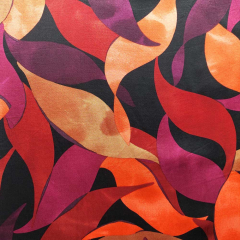 Viskose Satin Stoff Webware seidiger Glanz Bl�tter Muster - bordeaux orange rot schwarz