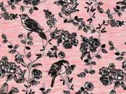 Viskose Jerseystoff V�gel Rosen, lachsrosa meliert