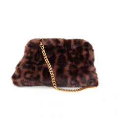 Fake Fur Felltasche Leopardenmuster mit Rahmen flauschig weich uni, braun schwarz dunkelbraun
