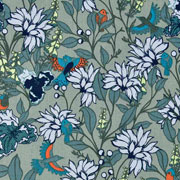 Baumwollstoff Blumen V�gel, hellblau altmint