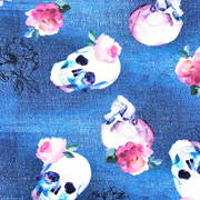 Jerseystoff Totenk�pfe Blumen Jeanslook Digitaldruck,jeansblau