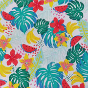 Jerseystoff tropische Bl�tter Blumen Melone, wei�