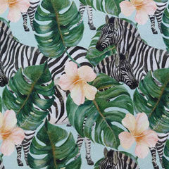 RESTST�CK 97 cm Viskose Jerseystoff Zebras tropische Bl�tter Hibiskusbl�ten, hellmint
