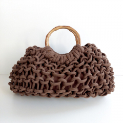 H�kel-Handtasche mit edlem Bambusgriffen & Schulterriemen - Espresso Brown - Boho Makramee Tasche