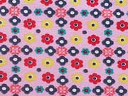Jerseystoff Blumen Bl�mchen, bunt auf rosa